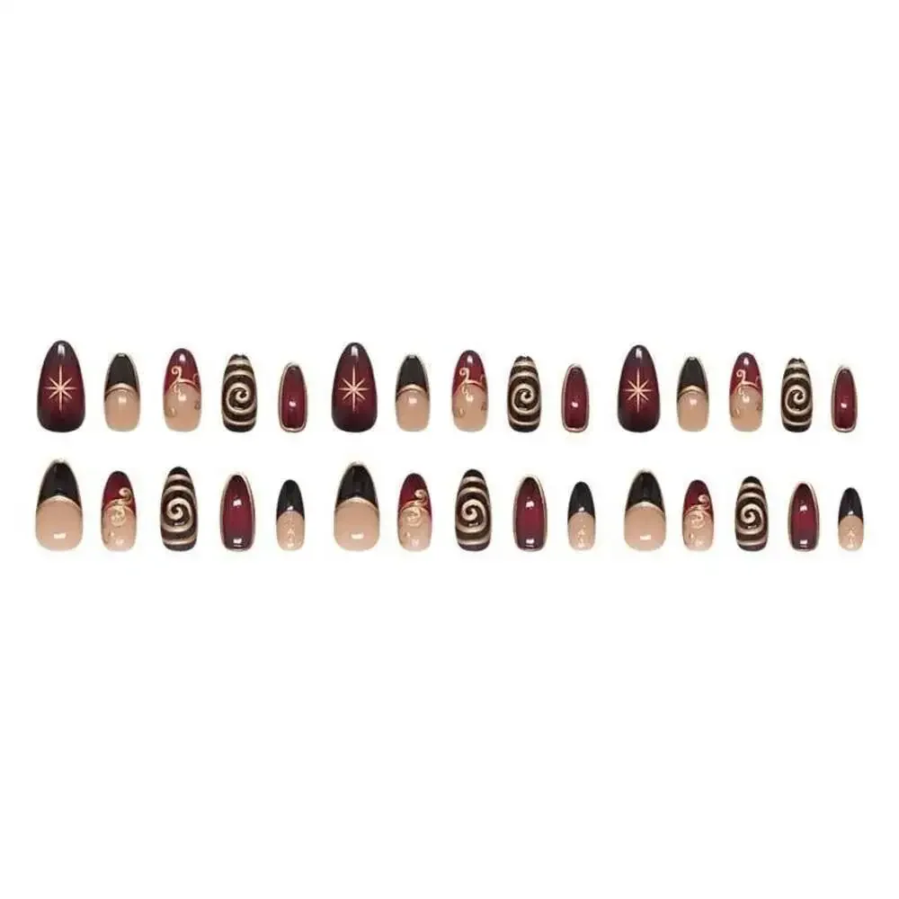 24Pcs Golden Lines Patterns False Nails Dark Purple Blush French Fake Nails for